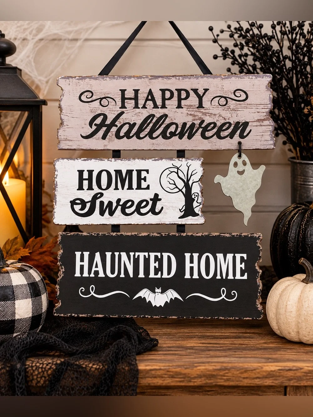 Happy Halloween Home Sweet Haunted Home Wall Plaque - Black, White, Cream